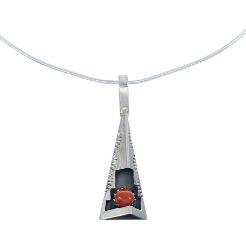 Navajo Sterling Silver Coral 18-1/8" Italian Snake Chain Pendant Necklace Set AX127464